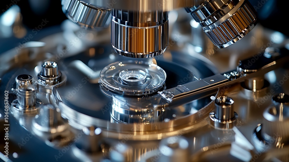 Close-up of a microscope lens and focusing knobs, with a glass slide in position, crisp details capturing the intricate mechanics of the microscope, Close-up of a microscope lens and focusing knobs, with a glass slide in position, crisp details capturing the intricate mechanics of the microscope,