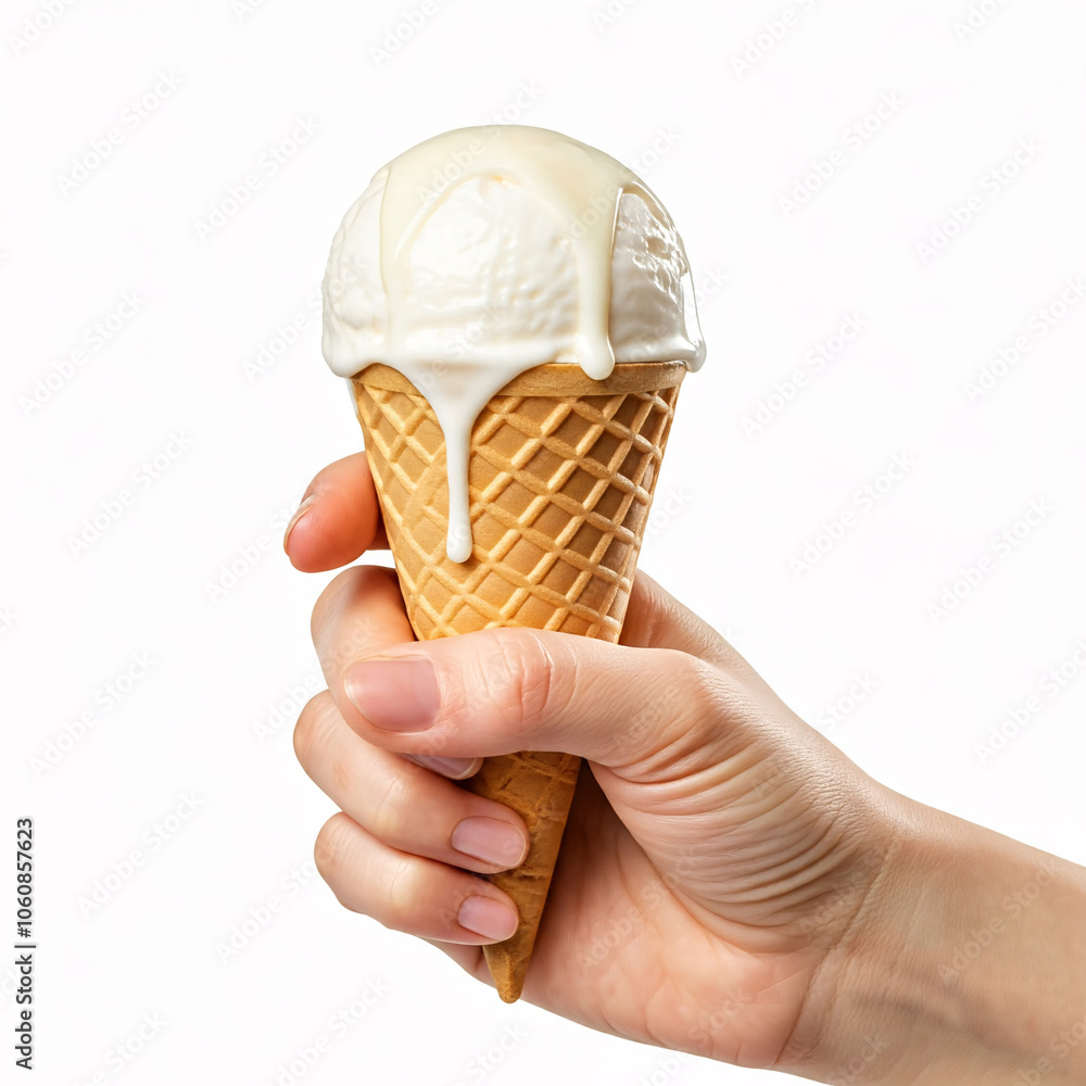 melting vanilla ice cream cone held in hand isolated on white background melting vanilla ice cream cone held in hand isolated on white background