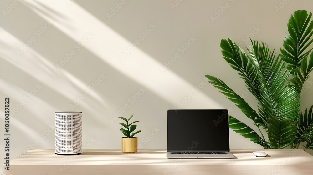 Modern desk setup with laptop, plant, and speaker in bright space Modern desk setup with laptop, plant, and speaker in bright space