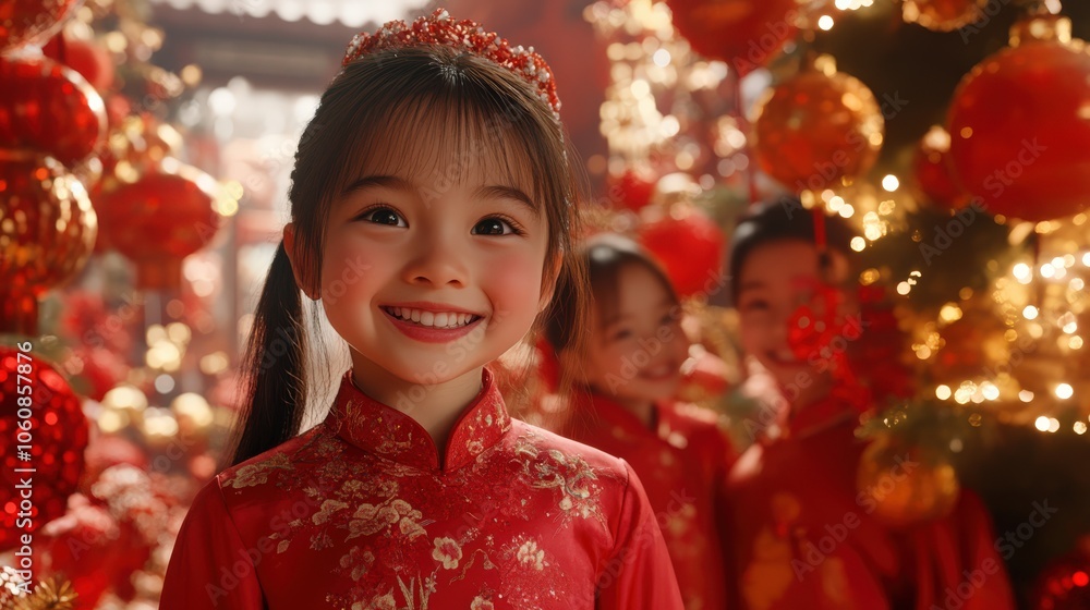A little Chinese girl in a red qipao dress stands excitedly with her family, all wearing red attire, in front of a decorated doorway filled with red and gold ornaments. A little Chinese girl in a red qipao dress stands excitedly with her family, all wearing red attire, in front of a decorated doorway filled with red and gold ornaments.