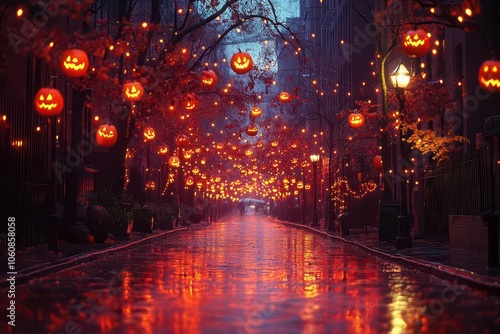 festive glowing pumpkin decorations lining a city street illuminated in warm hues creating a whimsical halloween atmosphere with soft selective focus enhancing the enchanting night scene