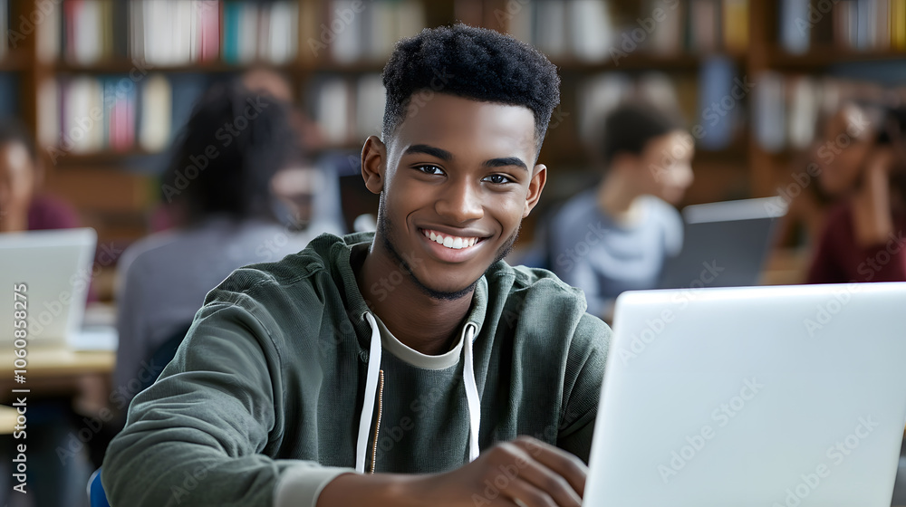 College student smiling while participating in online seminar College student smiling while participating in online seminar