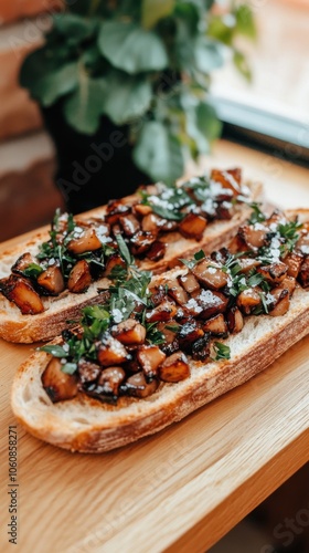 Gourmet foie gras with herbs on toasted baguette flat lay for culinary inspiration photo