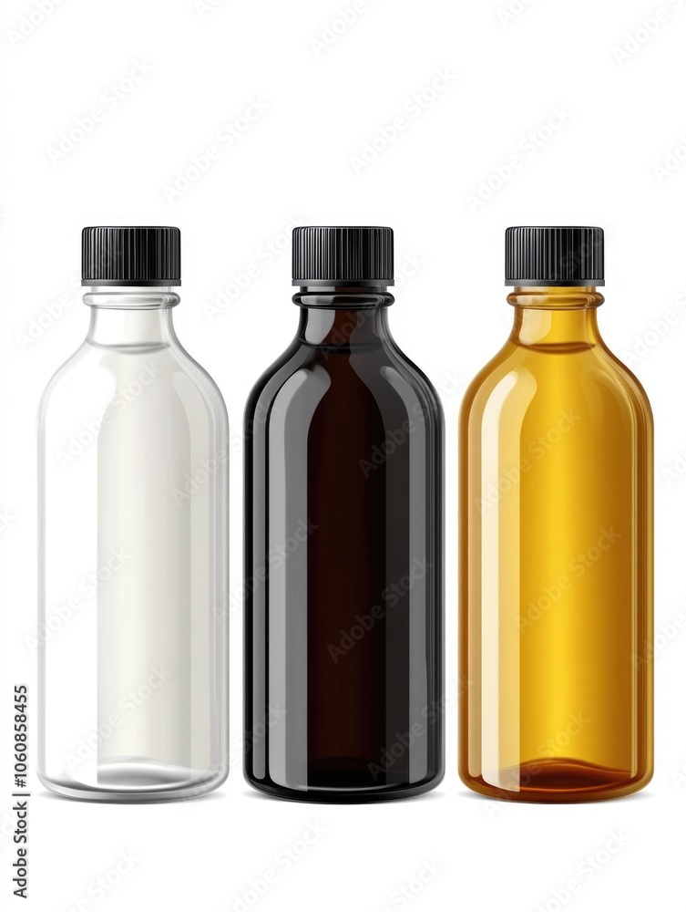 Three glass bottles containing essential oils. Amber color for aromatherapy use. Three glass bottles containing essential oils. Amber color for aromatherapy use.