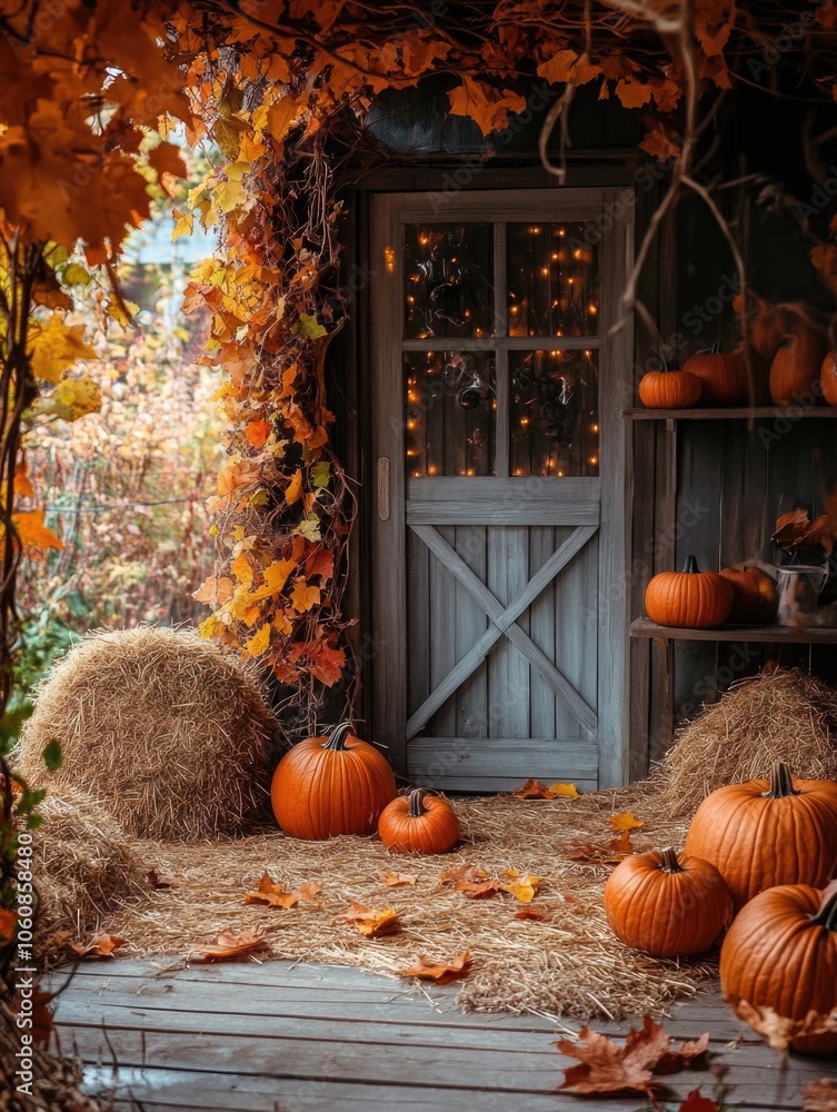Obraz premium Autumn season setting with pumpkins, hay bales and leaves.