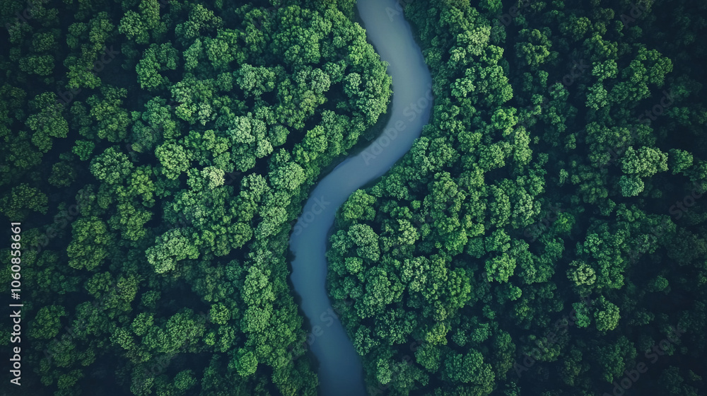 Fototapeta premium A winding river cuts through a dense green forest, viewed from above
