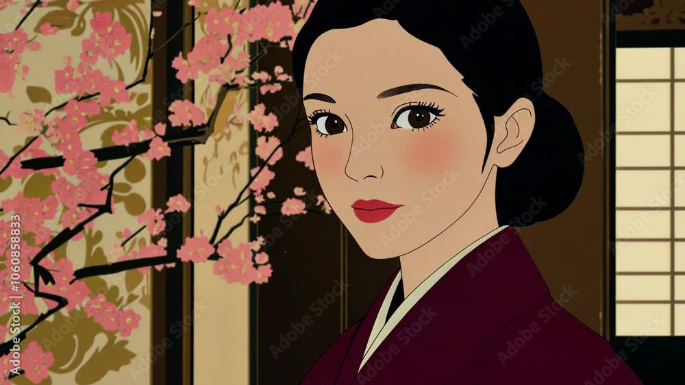 A woman in a traditional Japanese kimono stands near a window with cherry blossoms blooming outside A woman in a traditional Japanese kimono stands near a window with cherry blossoms blooming outside
