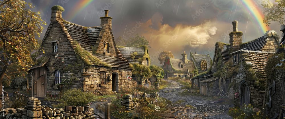 Traditional St. Patrick's Day Scene of an Irish Village with Rainbow and Stone Houses Traditional St. Patrick's Day Scene of an Irish Village with Rainbow and Stone Houses