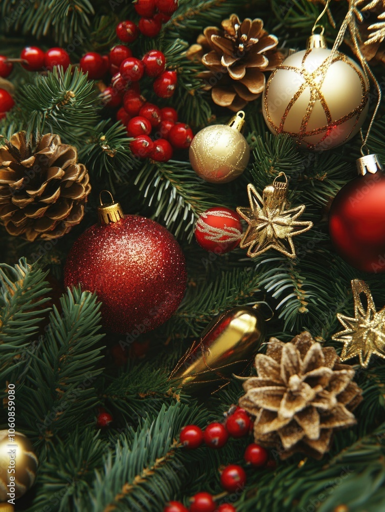 Red and gold ornaments, red berries, pine cones on pine tree branch Red and gold ornaments, red berries, pine cones on pine tree branch