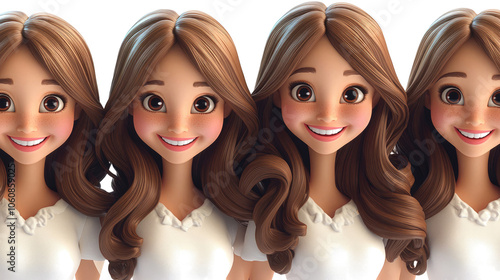 Cartoon-Style Brown-Haired Girl Avatars on Clear Background Generative AI