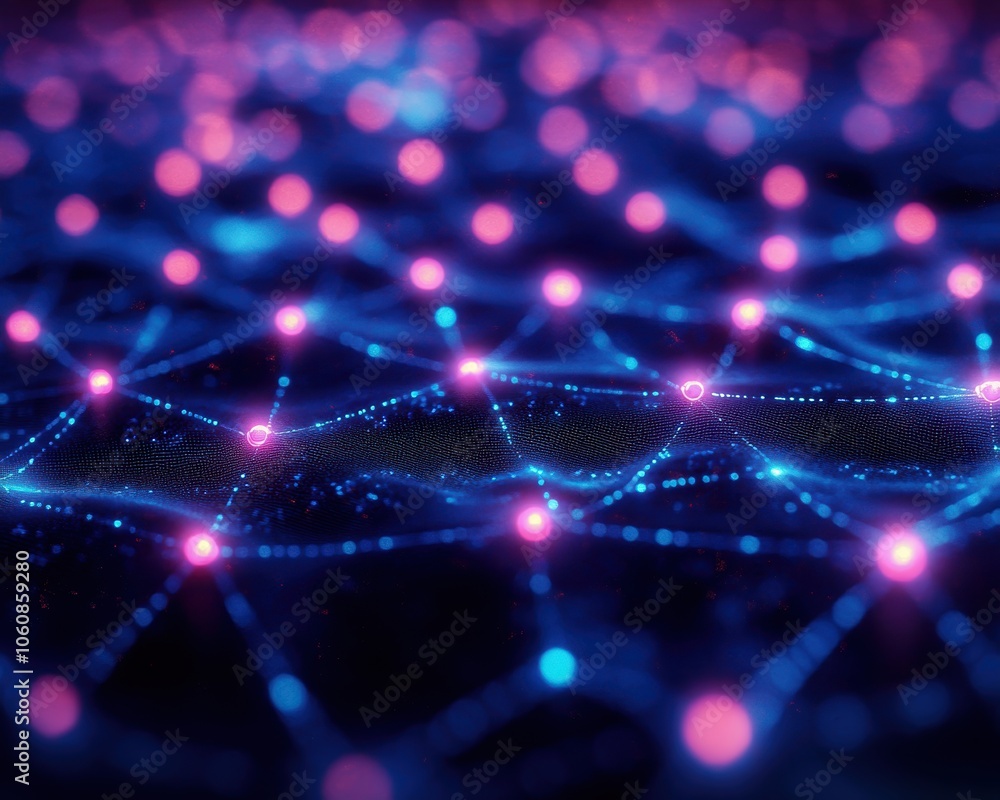 Futuristic technology digital background in blue and purple with glowing nodes. Generative AI Futuristic technology digital background in blue and purple with glowing nodes. Generative AI