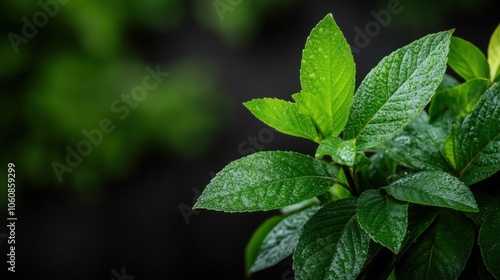 Fresh Green Leaves with Water Droplets