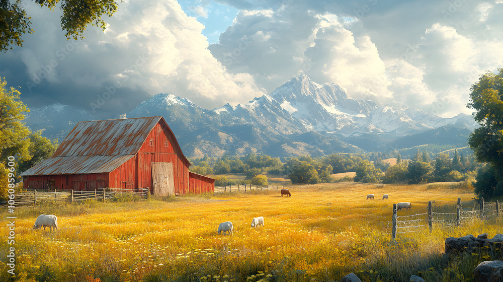 Rustic Farm Scene with an Old Barn, Grazing Animals, and Golden Fields Under Warm Sunlight Creating a Serene Rural Landscape
Rustic Farm Scene with an Old Barn, Grazing Animals, and Golden Fields Under Warm Sunlight Creating a Serene Rural Landscape