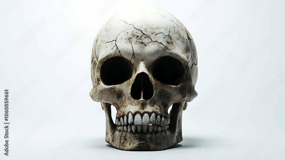 Detailed close-up of a human skull on a white background, with realistic bone texture Detailed close-up of a human skull on a white background, with realistic bone texture