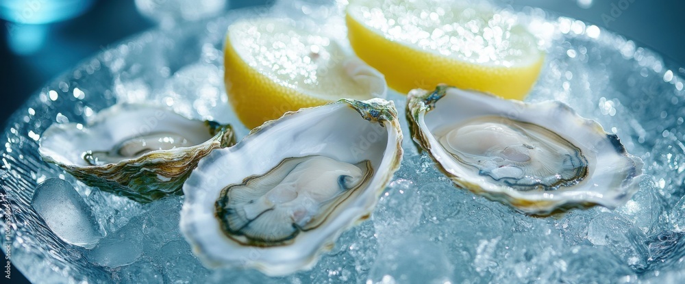 Fresh seafood delight: oysters on crushed ice with lemons Fresh seafood delight: oysters on crushed ice with lemons