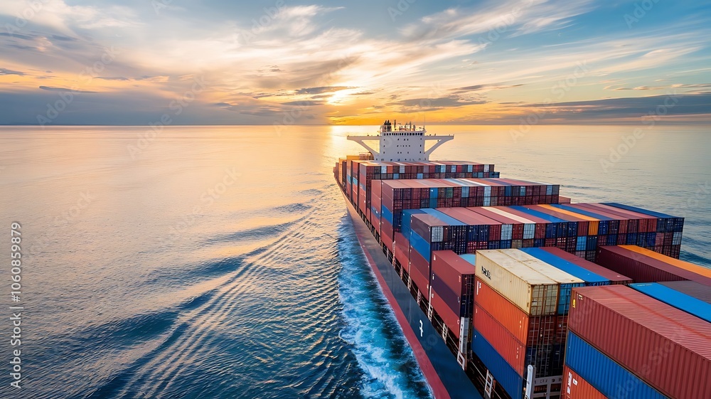 Obraz premium Vibrant High-Angle Photograph of a Cargo Ship Loaded with Colorful Shipping Containers Sailing Through Calm Ocean Waters at Sunset