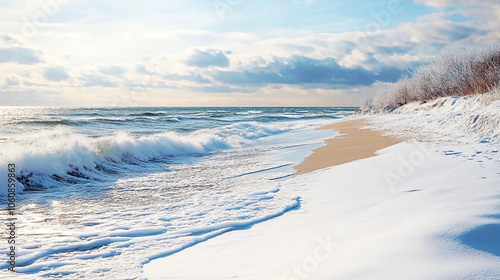 Fototapeta Naklejka Na Ścianę i Meble -  Waves crash on a snowy beach on a clear winter day
