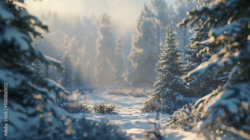 A snowy forest landscape with frosted fir trees, fresh snow covering the ground, and a misty, blurred winter background that gives a peaceful Christmas feel.
