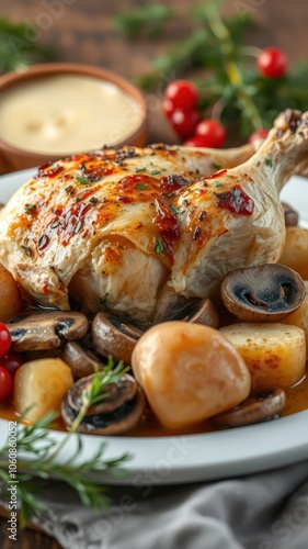 A close-up of a roasted chicken leg with potatoes and mushrooms, plated with a creamy sauce on the side