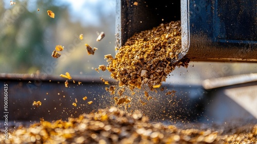 Renewable energy concept: biomass boiler close-up collecting organic feed photo