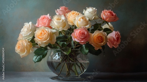 Bouquet of pastel-colored roses in a glass vase on a muted background