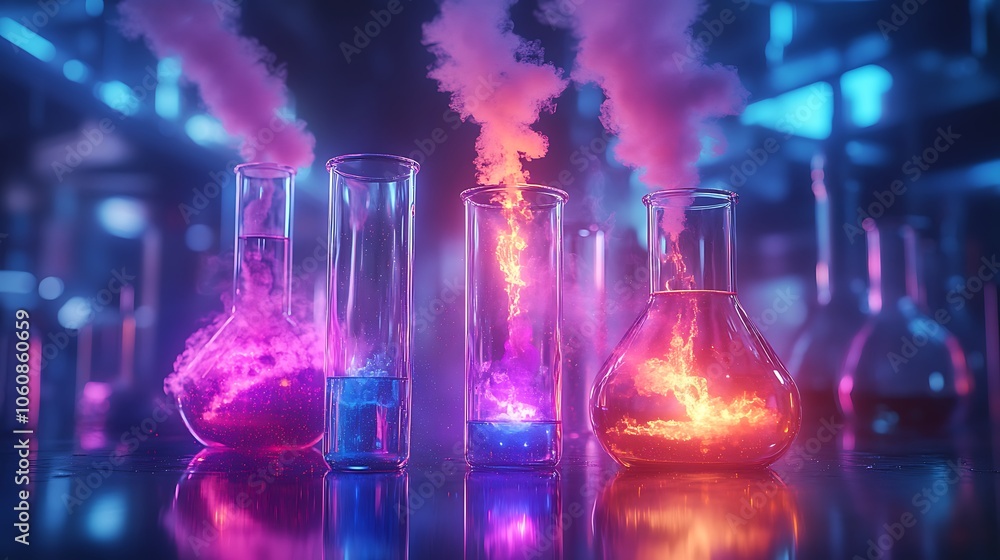 Dynamic shot of test tubes and beakers with vibrant chemical reactions, bubbles and wisps of smoke rising from neon-colored liquids, clean lab background, soft reflections on the glassware --ar 16:9 Dynamic shot of test tubes and beakers with vibrant chemical reactions, bubbles and wisps of smoke rising from neon-colored liquids, clean lab background, soft reflections on the glassware --ar 16:9