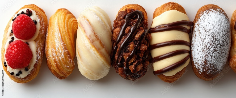 Assorted french pastries displayed in bird's eye view with variety of toppings Assorted french pastries displayed in bird's eye view with variety of toppings