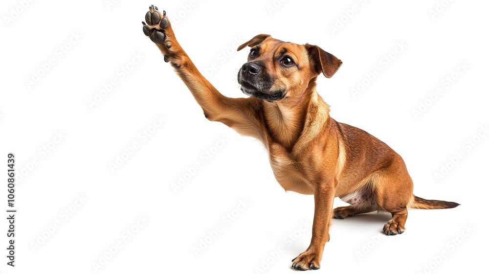 Obraz premium An energetic dog performing a high five, captured mid-action with its paw raised, set against a bright white backdrop, allowing for additional text or branding alongside the image