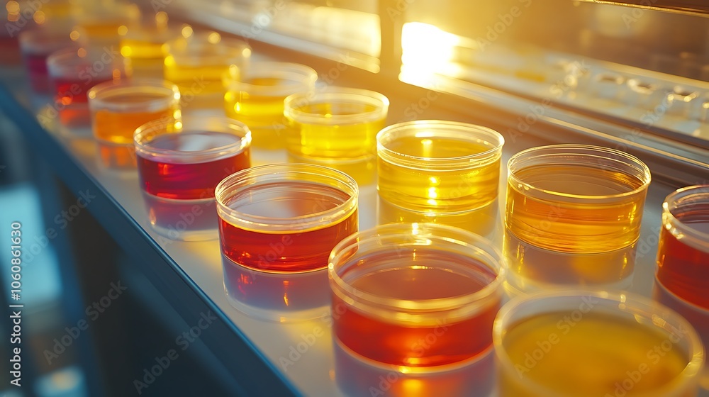 High-detail shot of petri dishes displaying various microbial cultures, from bright yellows to deep reds, each dish positioned on a glossy lab countertop with clean, even lighting --ar 16:9 High-detail shot of petri dishes displaying various microbial cultures, from bright yellows to deep reds, each dish positioned on a glossy lab countertop with clean, even lighting --ar 16:9