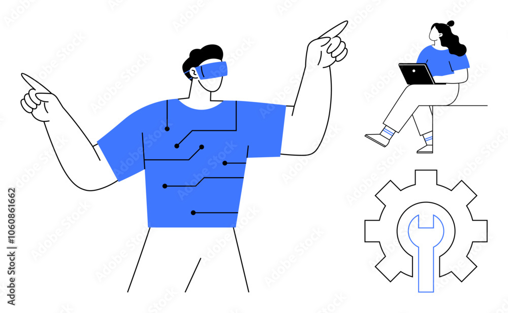 Man wearing VR headset pointing, connected circuits on shirt, woman sitting with laptop, blue gear with wrench. Ideal for technology, VR, future, remote work, innovation, engineering, STEM. Line Man wearing VR headset pointing, connected circuits on shirt, woman sitting with laptop, blue gear with wrench. Ideal for technology, VR, future, remote work, innovation, engineering, STEM. Line