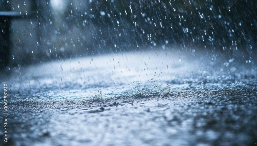 Raindrops falling on a wet surface, creating splashes and ripples in a serene outdoor setting. Raindrops falling on a wet surface, creating splashes and ripples in a serene outdoor setting.