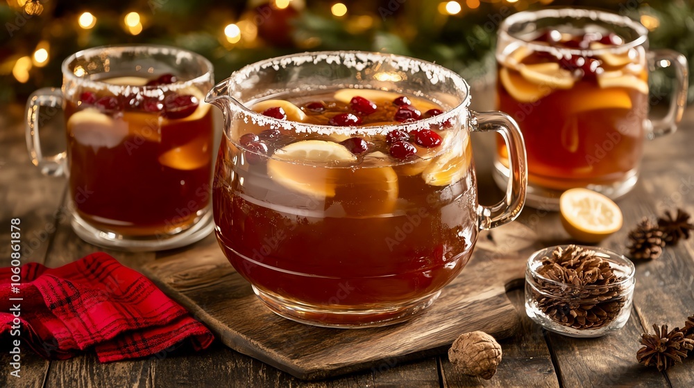 Festive beverage with citrus and cranberries in elegant glassware. Festive beverage with citrus and cranberries in elegant glassware.