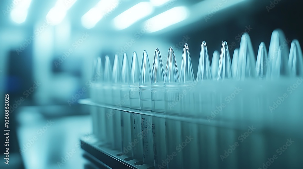 High-resolution image of a rack of pipette tips, each tip sharply in focus, with the clean lines of the lab equipment visible in the background, High-resolution image of a rack of pipette tips, each tip sharply in focus, with the clean lines of the lab equipment visible in the background,