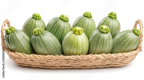  Round green zucchinis arranged neatly in a straw basket, showcasing fresh produce and natural texture, isolated on a white background 