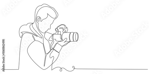 continuous single line drawing of man with DSLR camera taking pictures, line art vector illustration