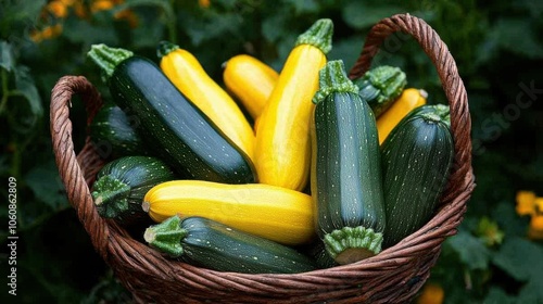 Freshly harvested zucchini and yellow squash in basket reflecting spring's abundance