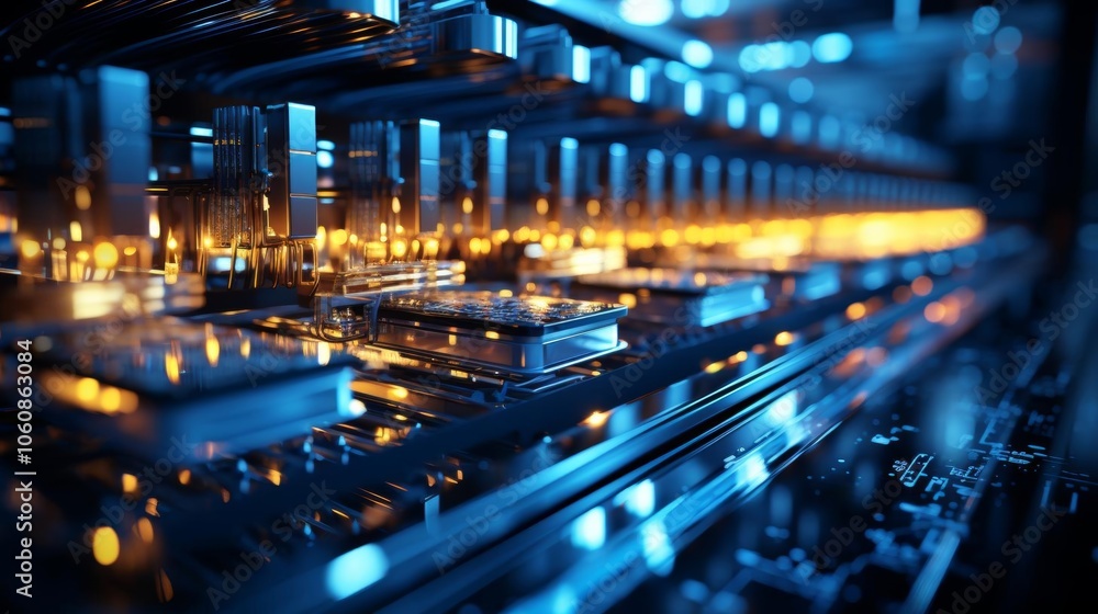 A computer chip is shown in a blue and yellow light A computer chip is shown in a blue and yellow light