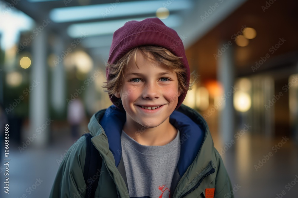 Portrait of a smiling boy in a hat in a shopping center Portrait of a smiling boy in a hat in a shopping center
