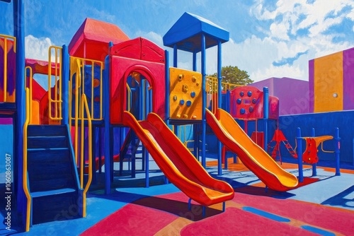Wallpaper Mural A children´s playground with equipment painted in bright reds, blues, and yellows.  Torontodigital.ca