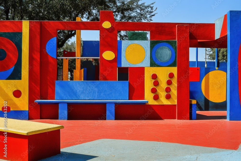 A children´s playground with equipment painted in bright reds, blues, and yellows. A children´s playground with equipment painted in bright reds, blues, and yellows.