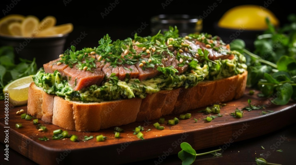 A sandwich with a lot of greens and a piece of meat on top of it A sandwich with a lot of greens and a piece of meat on top of it