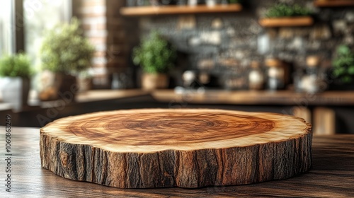 A close-up of a circular rustic wooden chopping board set on a textured kitchen table, highlighting wood grains and kitchen backdrop