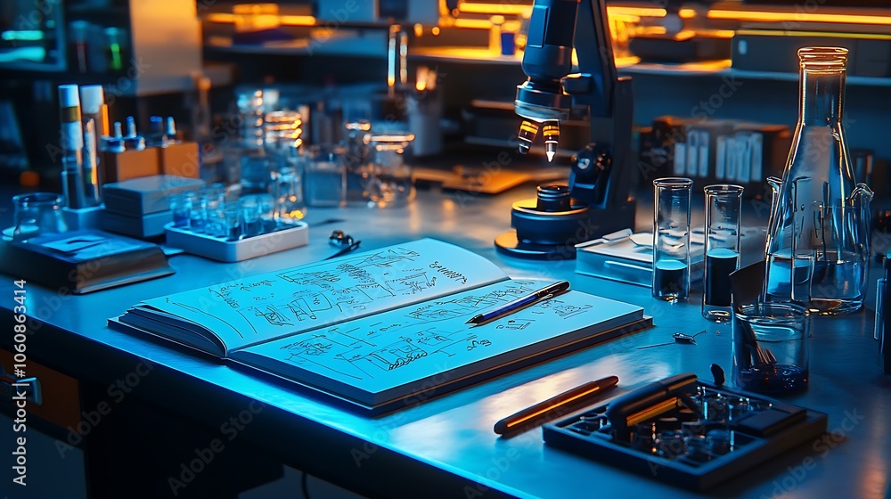 Lab bench with a notebook open to notes and diagrams, pen resting on the side, surrounded by essential lab tools, focused lighting creating a professional, Lab bench with a notebook open to notes and diagrams, pen resting on the side, surrounded by essential lab tools, focused lighting creating a professional,