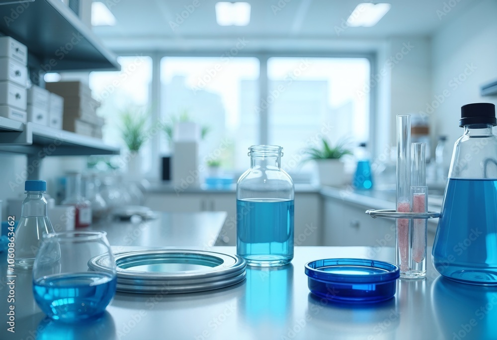 Laboratory setting with various blue liquid samples and glassware on a workbench in a well-lit science lab Laboratory setting with various blue liquid samples and glassware on a workbench in a well-lit science lab