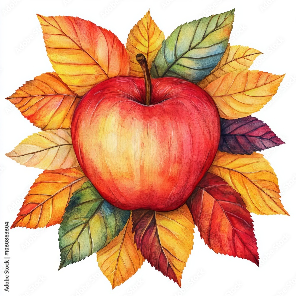 Obraz premium A photostock of an autumn watercolor apple isolated on a white background, with leaves in rich autumn colors surrounding it , isolated on white background