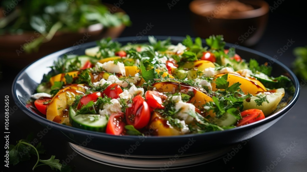 A blue bowl filled with a colorful salad A blue bowl filled with a colorful salad