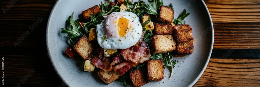 Fresh salade lyonnaise with bacon and poached egg on rustic wooden table Fresh salade lyonnaise with bacon and poached egg on rustic wooden table