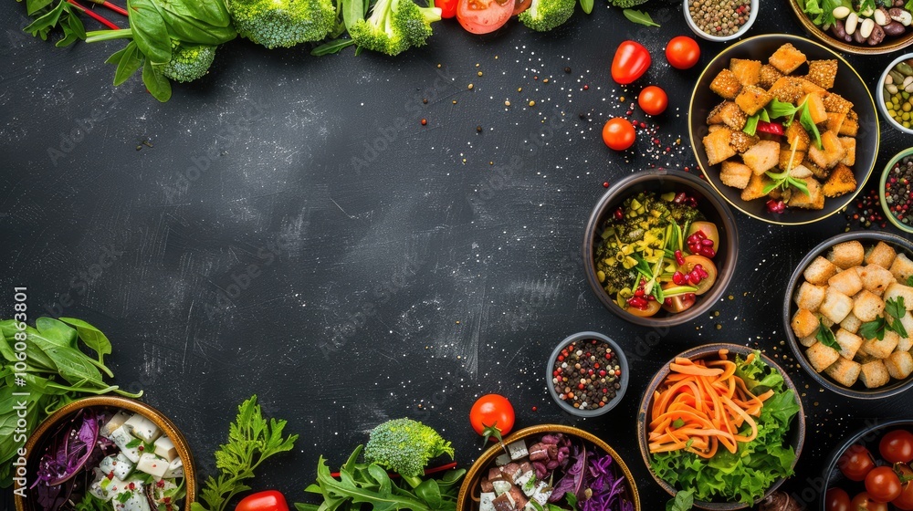custom made wallpaper toronto digitalVegetarian feast viewed from above with colorful table setting. Promoting healthy lifestyle with text space on black chalkboard background.