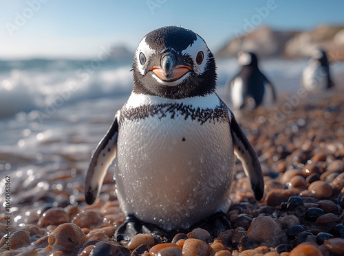 Explore the charm of the Magellanic Penguin with this captivating photo, capturing its unique markings and playful nature. Ideal for prints, posters, and unique merchandise. photo