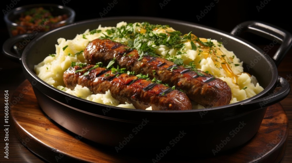 A plate of food with two pieces of meat and mashed potatoes A plate of food with two pieces of meat and mashed potatoes